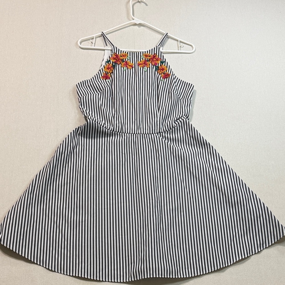 I.N. San Francisco Black and White Striped Dress with Floral Detail